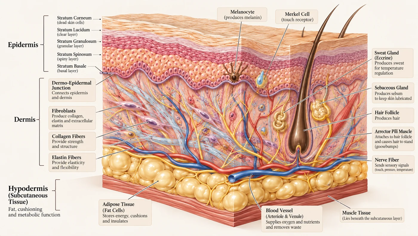 A cross-section of the skin, showing the structures that change as the hallmarks of aging progress