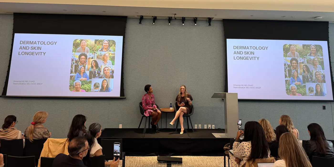 Dr. Amanda Hill speaking on a fireside chat panel, Dermatology and Skin Longevity